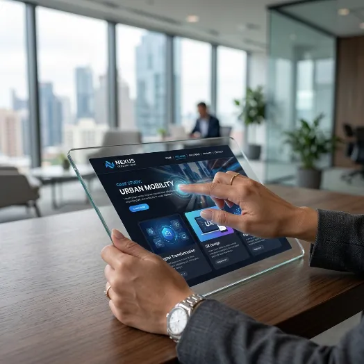 Persona interactuando con un sitio web corporativo en una tableta transparente dentro de una oficina