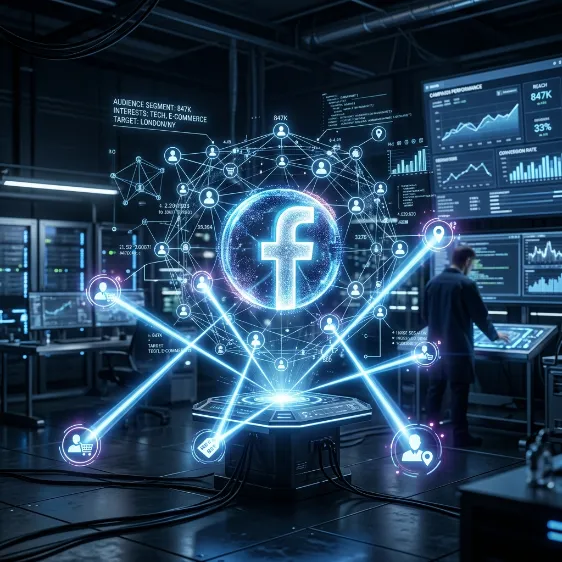 Holograma del logo de Facebook protegiendo una red de contactos y datos de clientes potenciales.