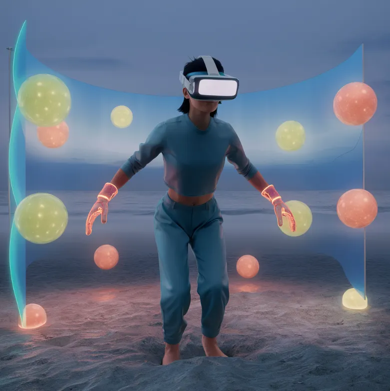 Una mujer con visor de realidad virtual y guantes luminosos interactúa con esferas flotantes de colores en una playa artificial.