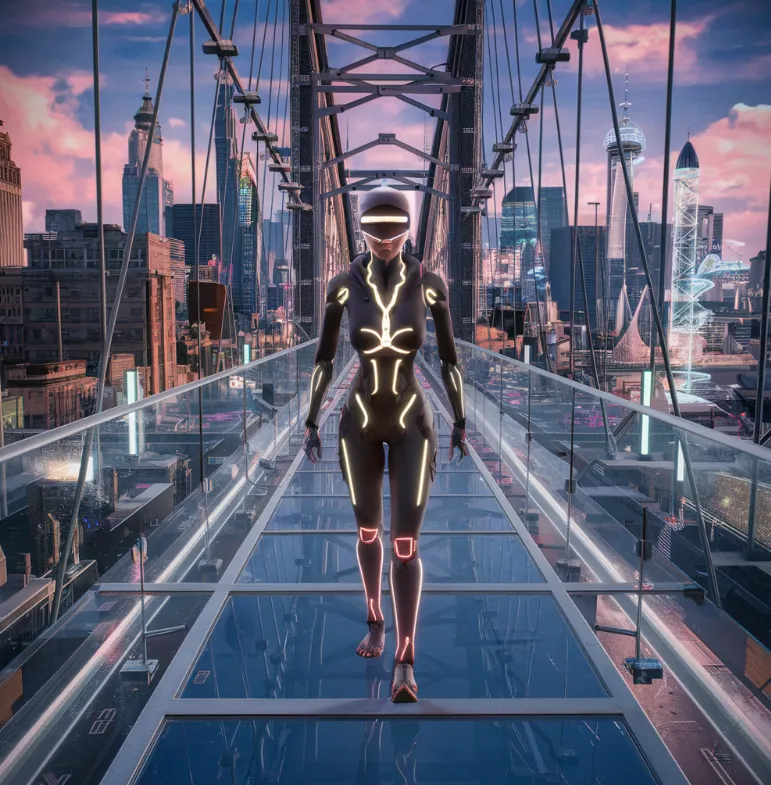 Un personaje futurista con traje oscuro de líneas de neón camina sobre un puente de cristal con una ciudad moderna de fondo.