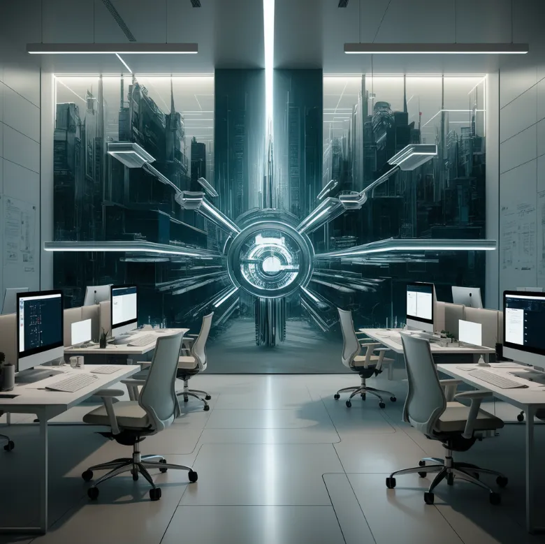 Un espacio de oficina moderno con escritorios vacíos orientados hacia una gran pared con un diseño mecánico simétrico y futurista.