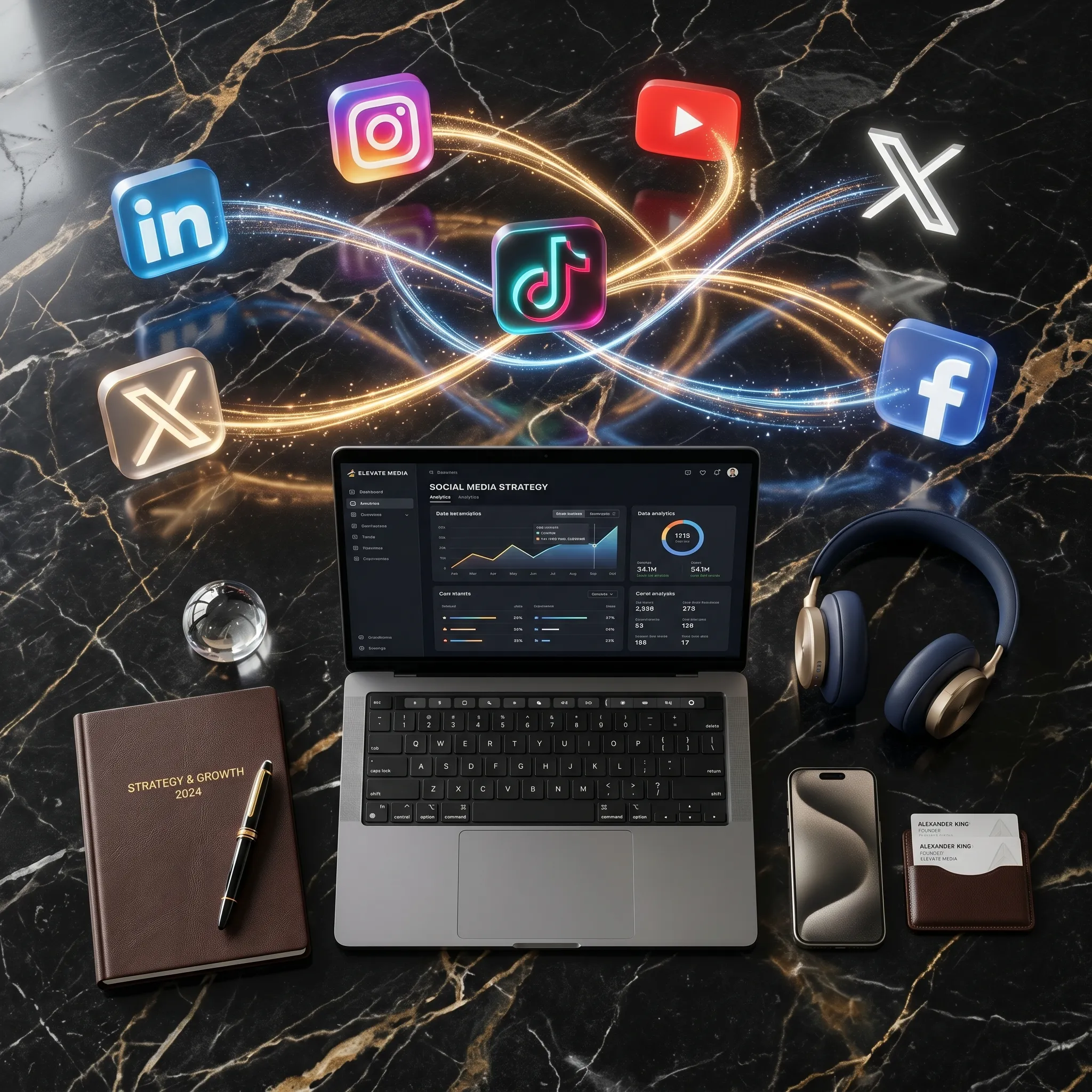 Computador portátil con gráficas de analítica rodeado de iconos 3D de redes sociales sobre un escritorio de mármol negro.