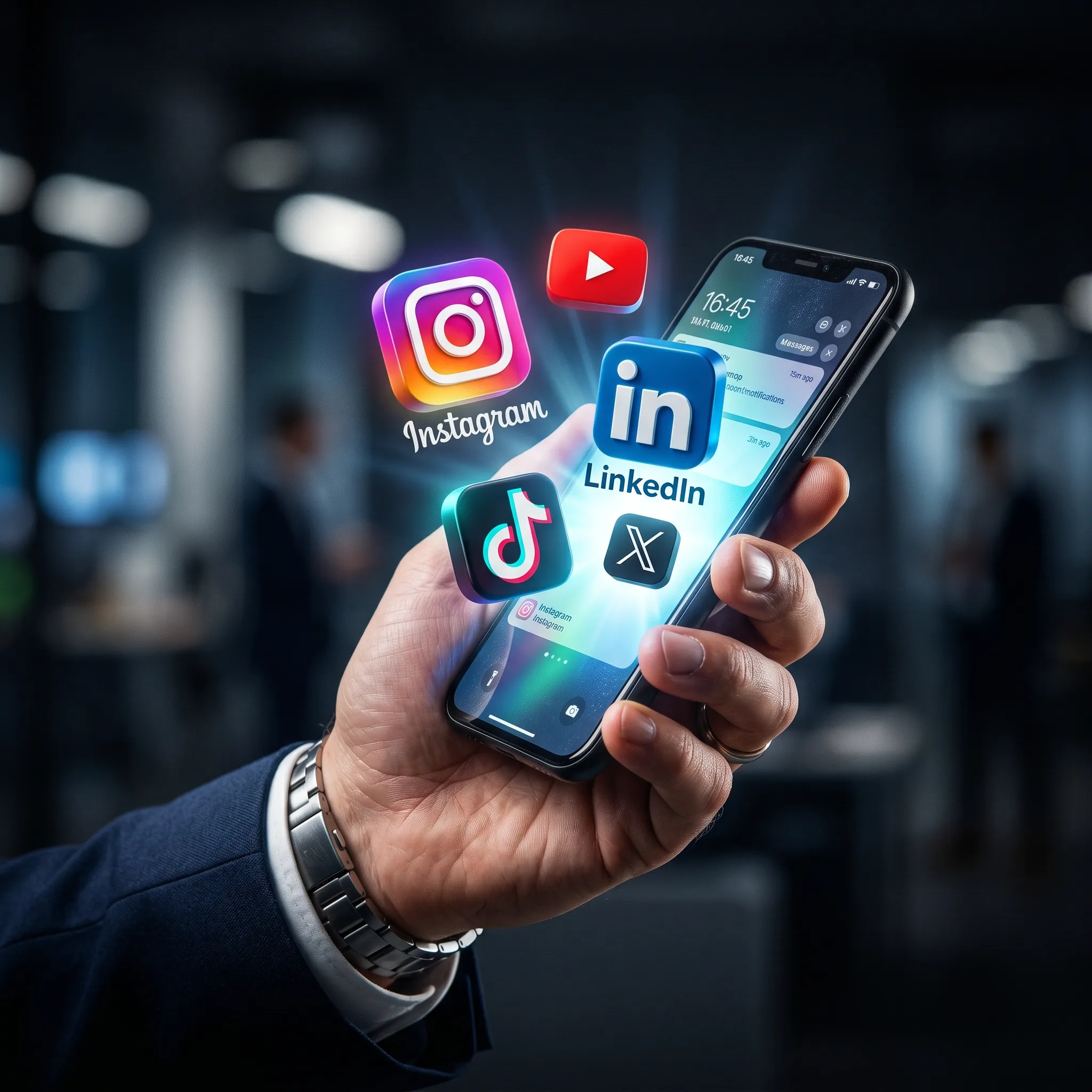 Mano sosteniendo un celular con iconos flotantes 3D de LinkedIn, Instagram, TikTok, YouTube y X.