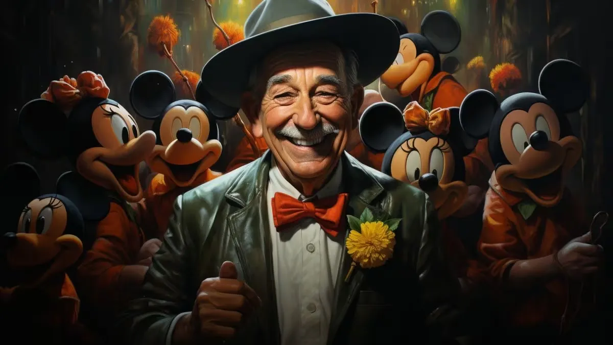 Ilustración digital a color de un hombre mayor sonriente con sombrero, pajarita roja y una flor amarilla en el saco, rodeado por varios personajes de Mickey y Minnie Mouse en un fondo festivo.