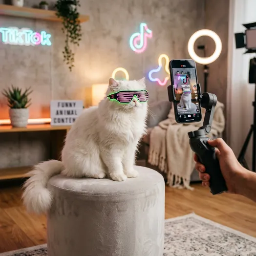 Un gato blanco con gafas de luces LED posa frente a un celular en un estabilizador que graba un video para TikTok.