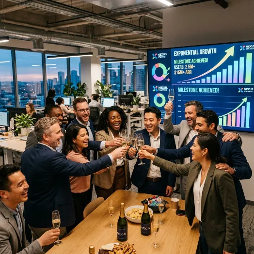 Empleados sonrientes de una empresa llamada Techvolve chocan sus copas frente a pantallas que muestran un crecimiento del 240%.