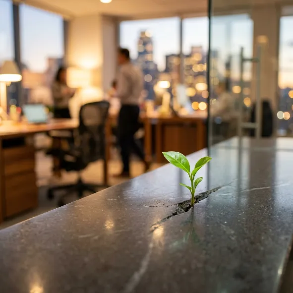 Pequeña planta verde brotando de una grieta en oficina corporativa.