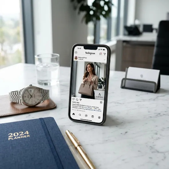 Celular en escritorio de oficina mostrando campaña publicitaria de moda en Instagram.