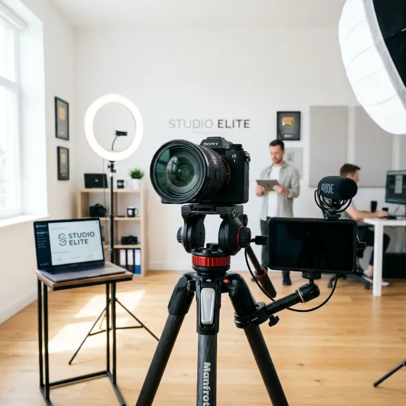 Cámara Sony profesional en trípode Manfrotto en un estudio de producción bien equipado con personal trabajando al fondo.
