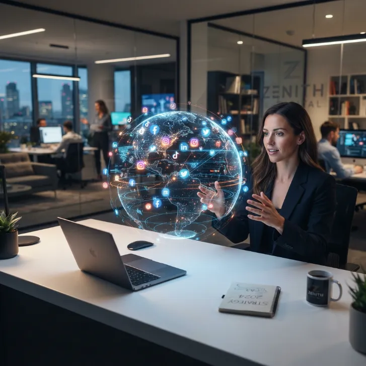 Especialista en marketing digital analizando una proyección holográfica del globo terráqueo con iconos de redes sociales.