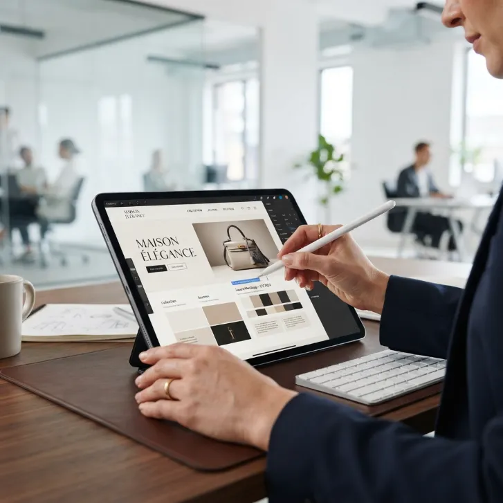Persona diseñando una tienda online de moda mediante una tablet y lápiz óptico.