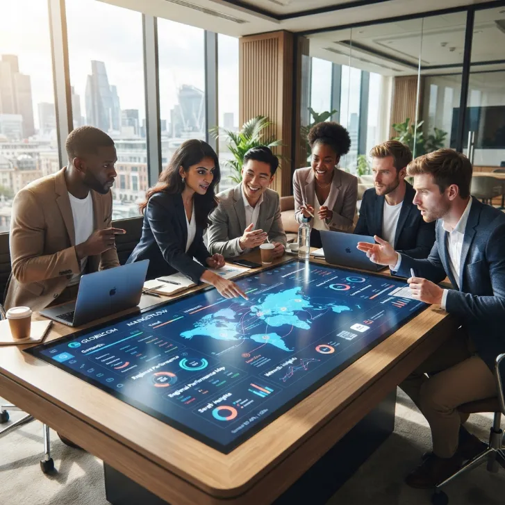 Grupo de ejecutivos analizando un mapa mundial y datos en una pantalla táctil integradas en una mesa de reuniones.