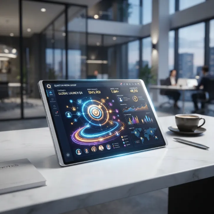 Una tablet sobre un escritorio de mármol que muestra un panel de análisis de rendimiento digital.