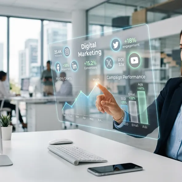 Profesional interactuando con una interfaz holográfica flotante de métricas de marketing digital.