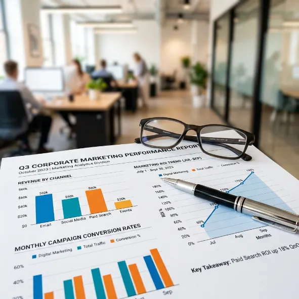 Reporte impreso de rendimiento de marketing corporativo con gafas y un bolígrafo sobre una mesa de trabajo.