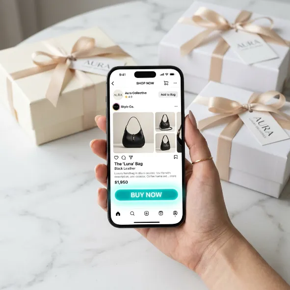 Persona revisando un perfil comercial en el celular frente a cajas de regalo blancas