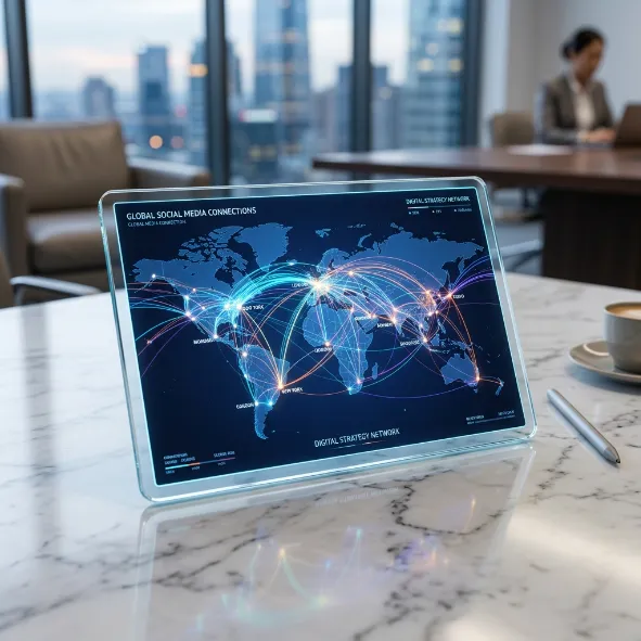 Tableta futurista sobre una mesa de mármol que proyecta un mapa mundial con conexiones de redes sociales globales.