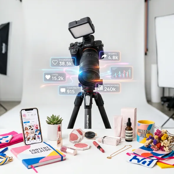 Cámara fotográfica sobre un trípode rodeada de productos de belleza y notificaciones de interacción en redes sociales.
