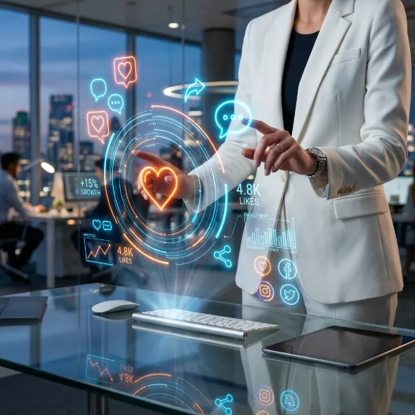Ejecutiva vestida con traje blanco interactuando con un panel holográfico de interfaz de redes sociales y métricas de crecimiento.