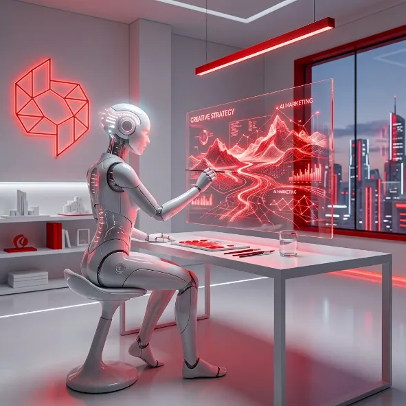 Robot trabajando en una oficina blanca con paneles de datos rojos