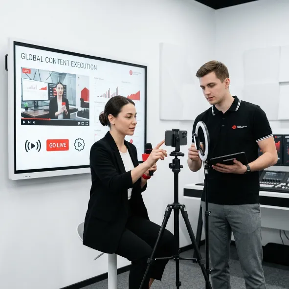 Creadora de contenido alineando la cámara de un smartphone con un aro de luz junto a un asistente técnico en un estudio de transmisión en vivo.
