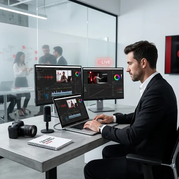 Creador de contenido en su escritorio editando video en múltiples pantallas con una cámara profesional y micrófono a la mano.