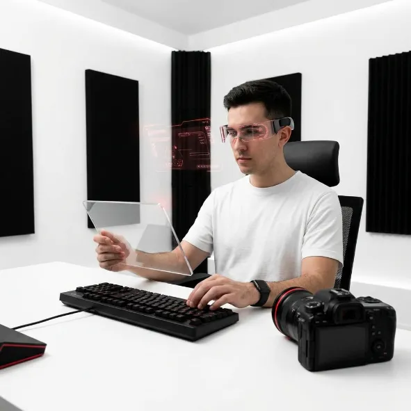 Creador visual utilizando gafas inteligentes y sosteniendo un panel transparente interactivo frente a su teclado y cámara profesional.