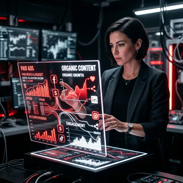 Profesional en traje interactuando con un panel transparente futurista que muestra la distribución de presupuesto para publicidad pagada y contenido orgánico.