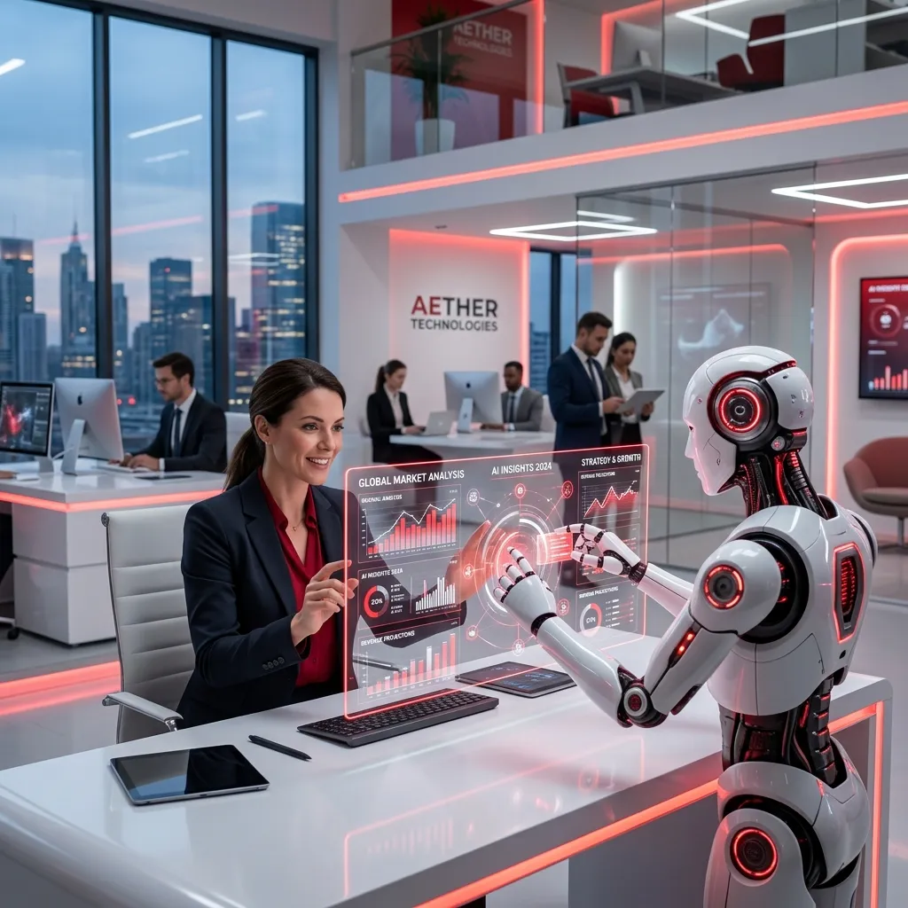 Ejecutiva y robot humanoide colaborando frente a una pantalla holográfica de análisis de mercado global en una oficina moderna.