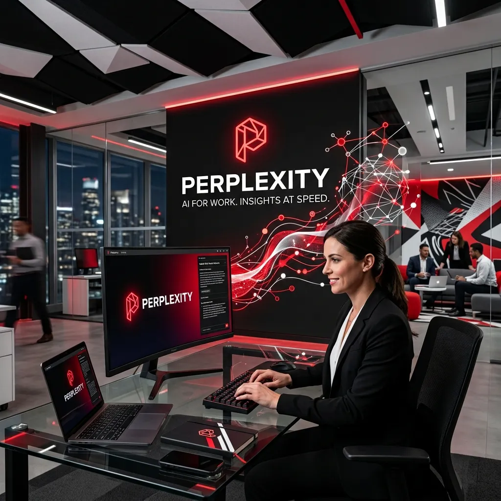 Una mujer trabajando en una oficina moderna frente a un monitor y una laptop que muestran el logotipo de "PERPLEXITY", con un gran panel de fondo que dice "PERPLEXITY: AI FOR WORK".