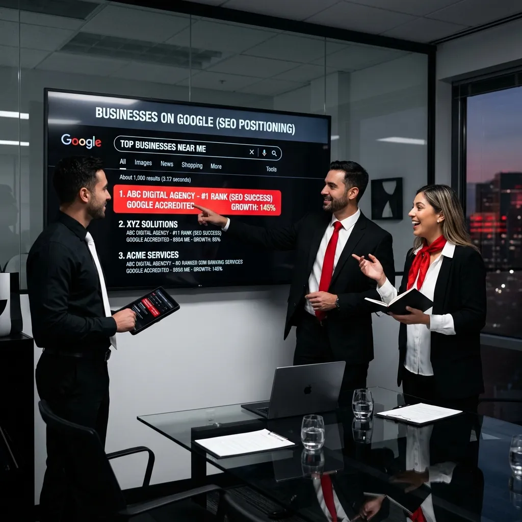 Tres colegas corporativos frente a una pantalla de TV que muestra el primer lugar de una empresa en búsquedas locales de Google.