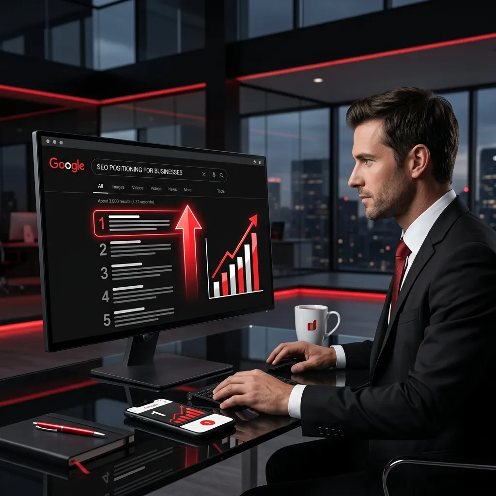 Profesional frente a su monitor de oficina observando una gráfica de crecimiento y el primer puesto en resultados de búsqueda de Google.
