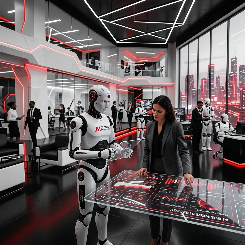Ejecutiva y robot humanoide colaborando frente a una mesa interactiva con gráficos de análisis predictivo corporativo.