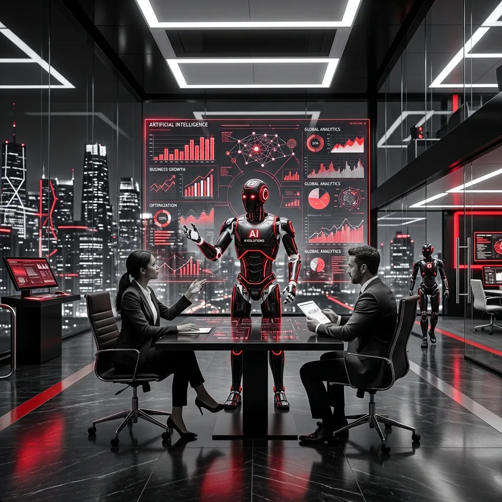 Dos ejecutivos en una sala de juntas futurista conversando con un robot androide rodeado de métricas de inteligencia artificial.
