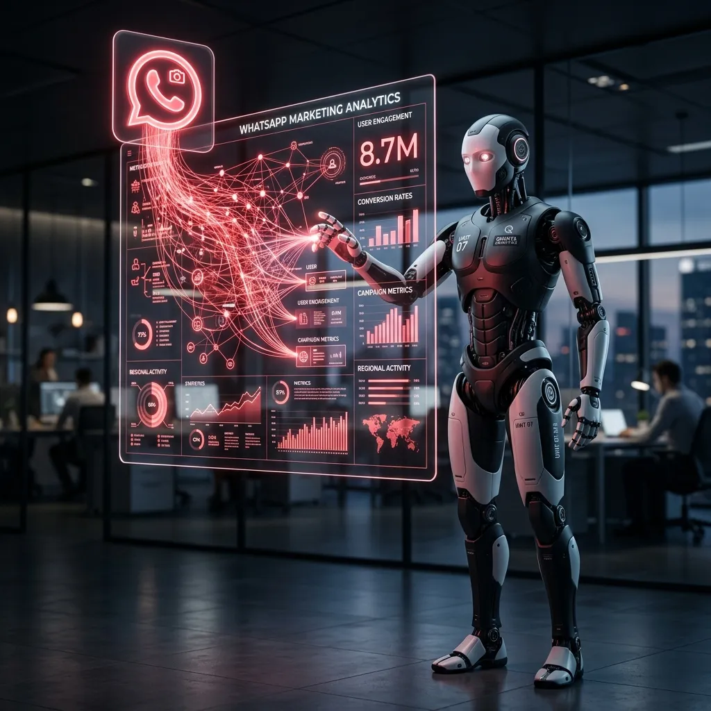 Robot humanoide interactuando con un panel digital flotante con el icono de WhatsApp y analíticas de marketing.