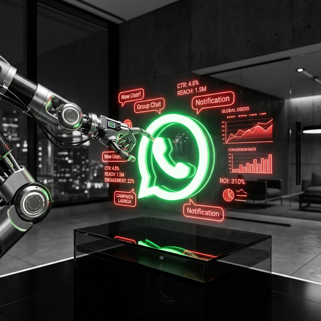 Brazo robótico interactuando con el icono 3D de WhatsApp rodeado de paneles de métricas de rendimiento.