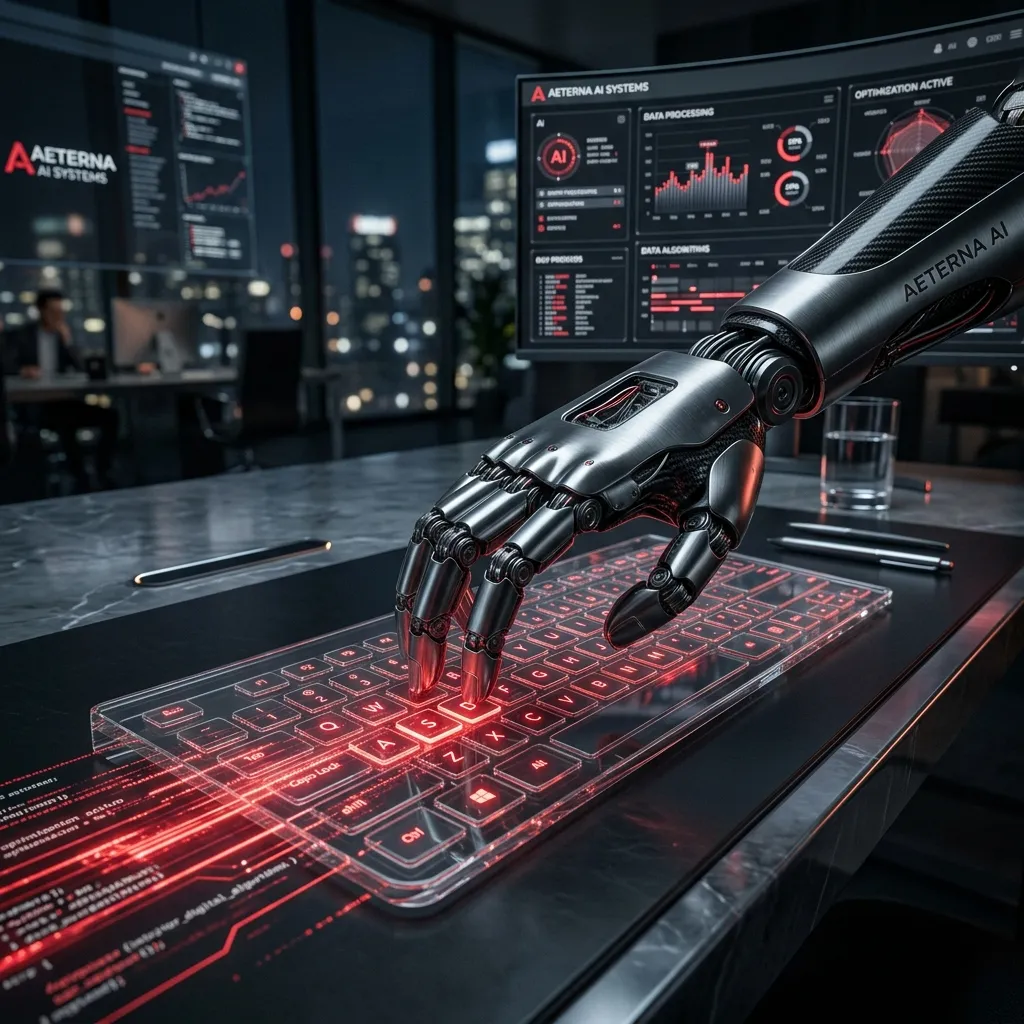 Mano robótica escribiendo en un teclado de cristal proyectado sobre una mesa con monitores de procesamiento de datos.