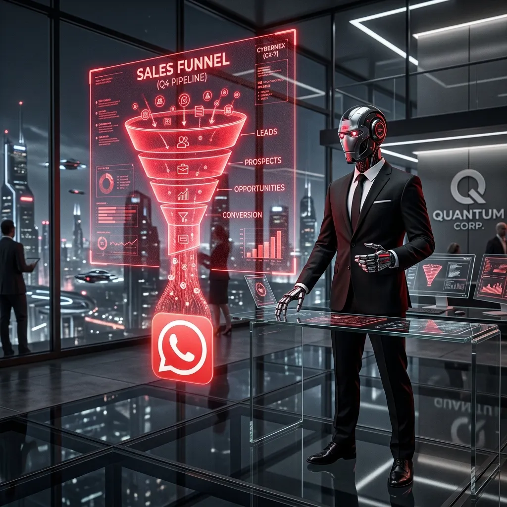Androide en traje ejecutivo junto a un embudo holográfico de ventas que desemboca en el logo de WhatsApp.