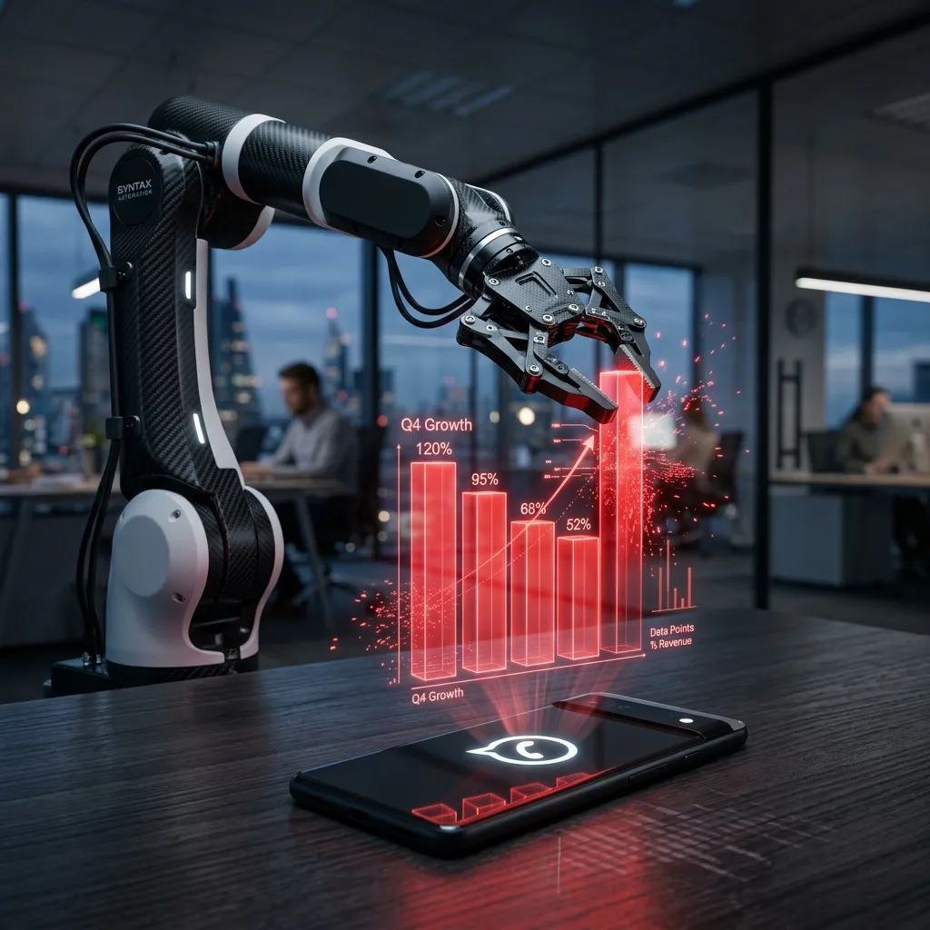 Brazo robótico sobre una mesa ajustando un gráfico holográfico de barras proyectado desde un smartphone.