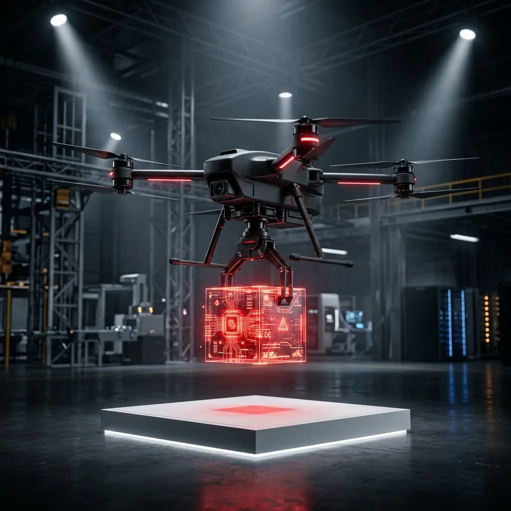 Dron de entrega industrial sosteniendo un cubo holográfico brillante sobre una plataforma de carga.